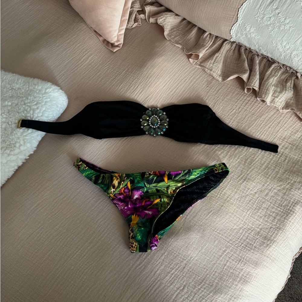 Victoria’s Secret black gemmed top and tropical green and purple bottom swim set